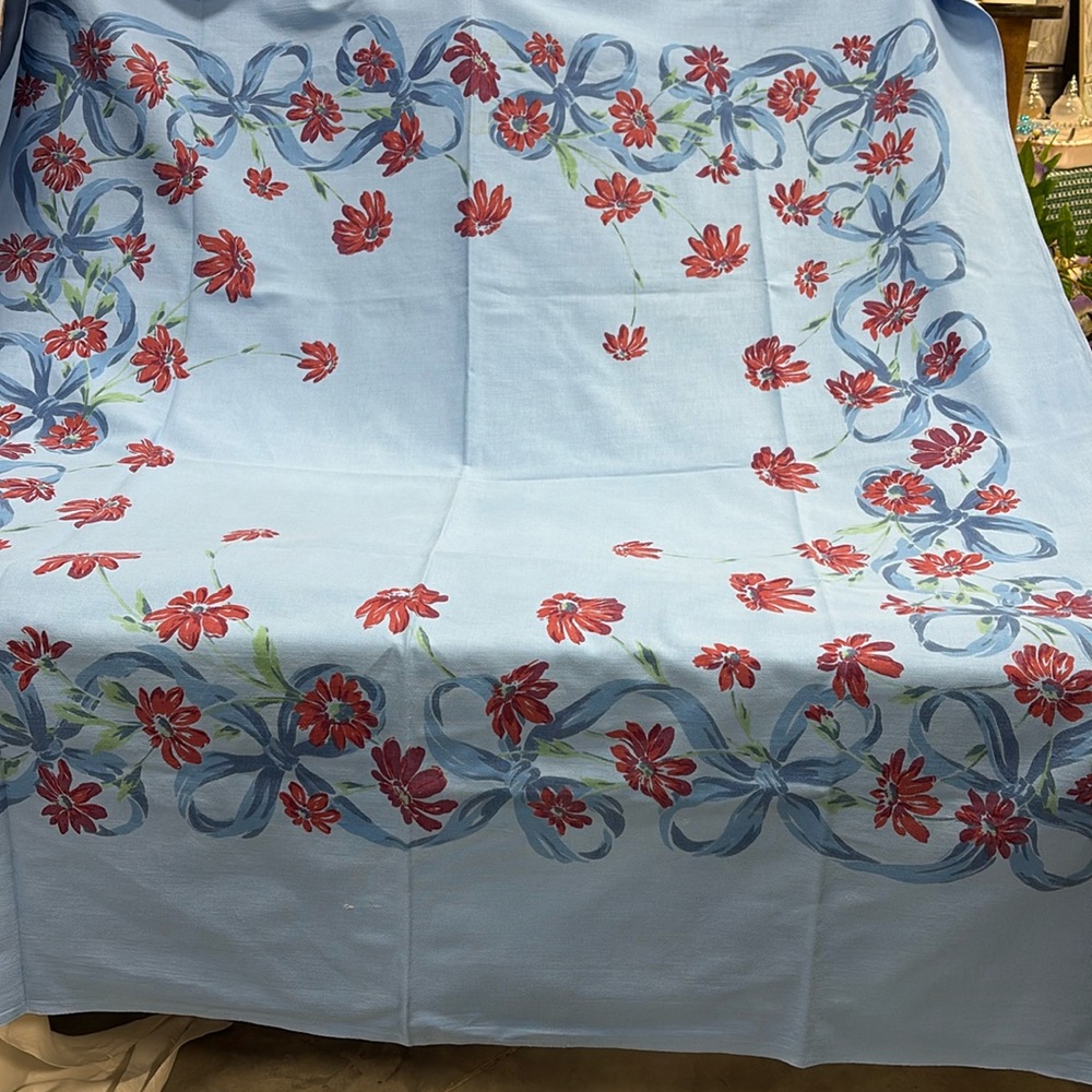 Vintage Tropical Blue and Red Floral / Flower Square Tablecloth